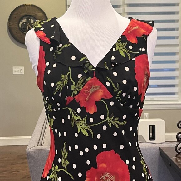 Mica Women's VTG Dress Size 10 Black White Polka Dot Red Rose Sleeveless 90's - Picture 2 of 14